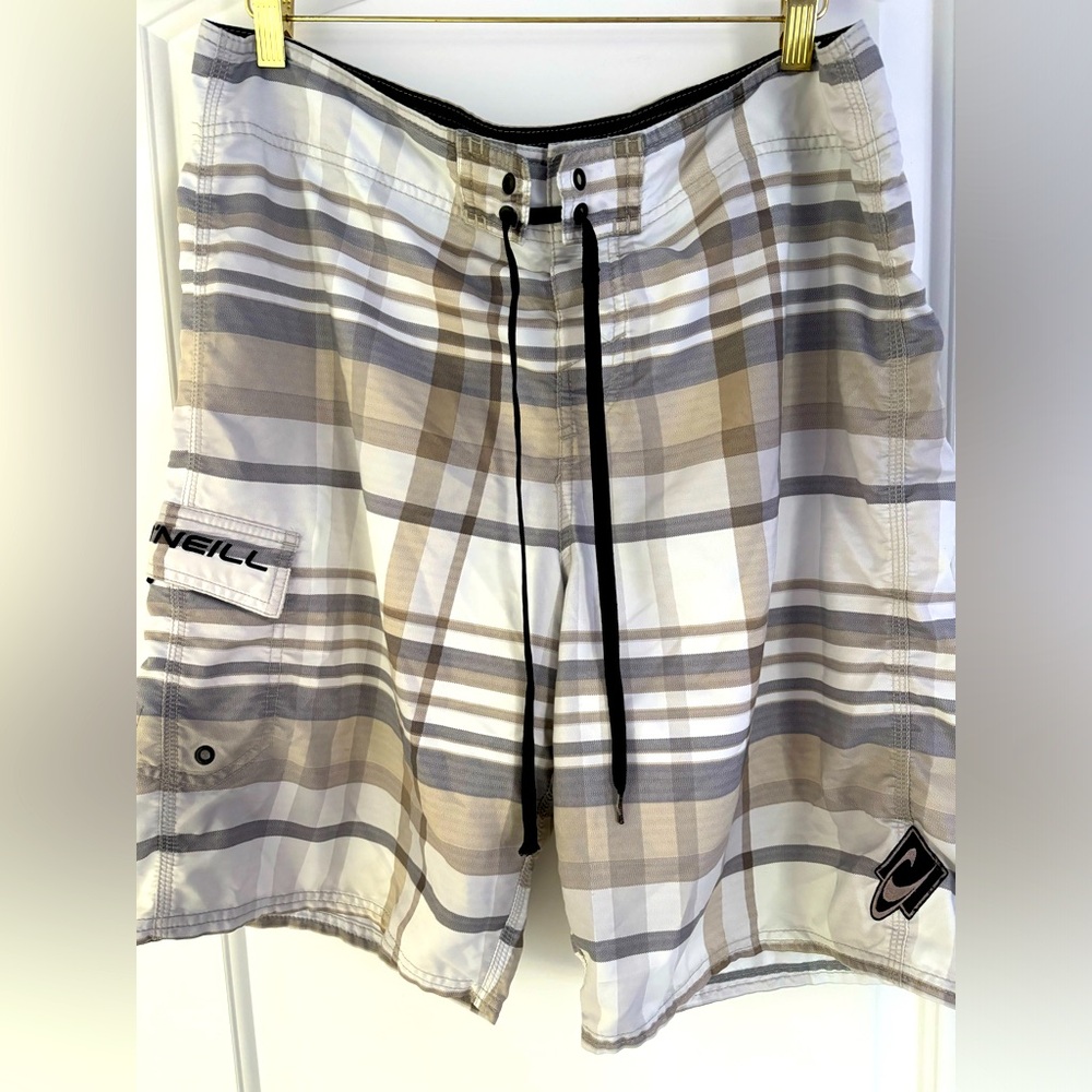 O'Neill Santa Cruz Men's Size 36 Unlined Board Shorts Swim Trunks Brown Plaid
